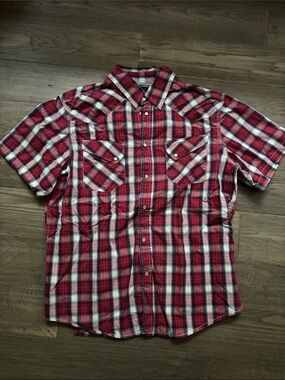 Midtown | Vintage Red Plaid Short-Sleeve Button-Up Shirt 100% Cotton Size Large